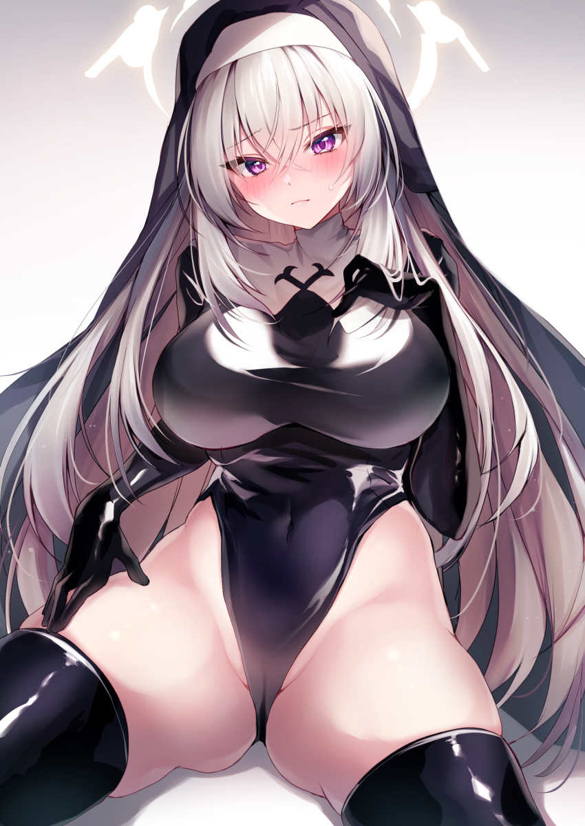 1girl absurdres black_thighhighs blue_archive blush breasts closed_mouth coif cowboy_shot grey_hair groin habit hair_between_eyes halo highres large_breasts long_hair looking_at_viewer nenobi_(nenorium) nun purple_eyes sakurako_(blue_archive) solo thighhighs yellow_halo