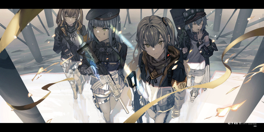 404_(girls'_frontline) 4girls absurdres assault_rifle beret black_jacket black_shorts black_skirt black_thighhighs blue_hair brown_hair fujita_(condor) g11_(girls'_frontline) girls'_frontline green_eyes grey_hair gun h&amp;k_hk416 h&amp;k_ump hat highres hk416_(girls'_frontline) holding holding_gun holding_weapon jacket light_blue_hair long_hair long_sleeves looking_at_viewer looking_to_the_side multiple_girls one_eye_closed one_side_up open_clothes open_jacket open_mouth pleated_skirt rifle scar scar_across_eye shirt shorts skirt submachine_gun thighhighs twintails ump45_(girls'_frontline) ump9_(girls'_frontline) weapon white_shirt yawning yellow_eyes