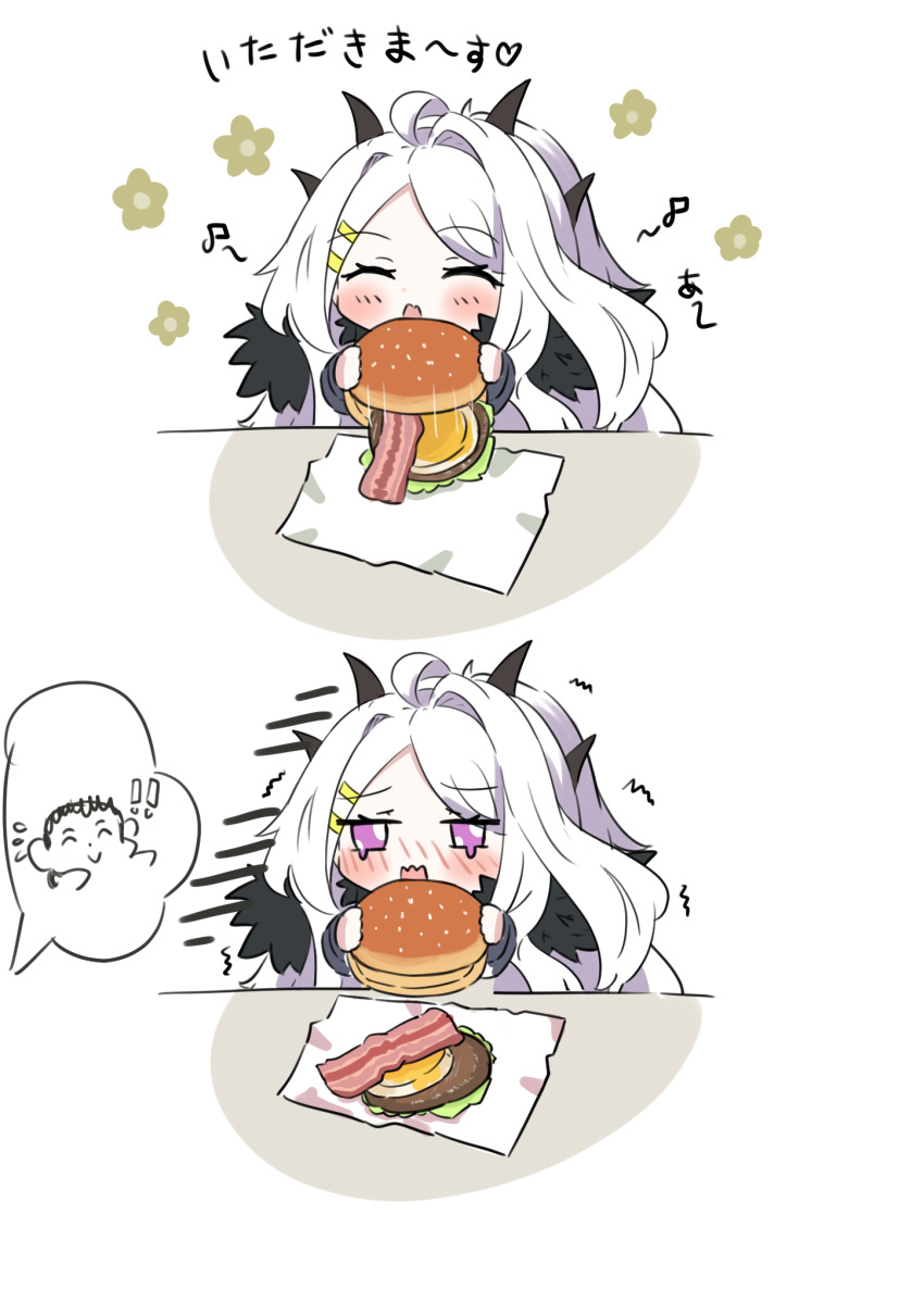 ! !! 1girl ahoge arona's_sensei_doodle_(blue_archive) blue_archive blush burger burger_malfunction chibi crying demon_horns e_v_e_neko english_commentary food fur_trim hair_ornament hairclip highres hina_(blue_archive) holding holding_food horns long_hair multiple_horns purple_eyes sad sensei_(blue_archive) sidelocks spoken_character white_hair