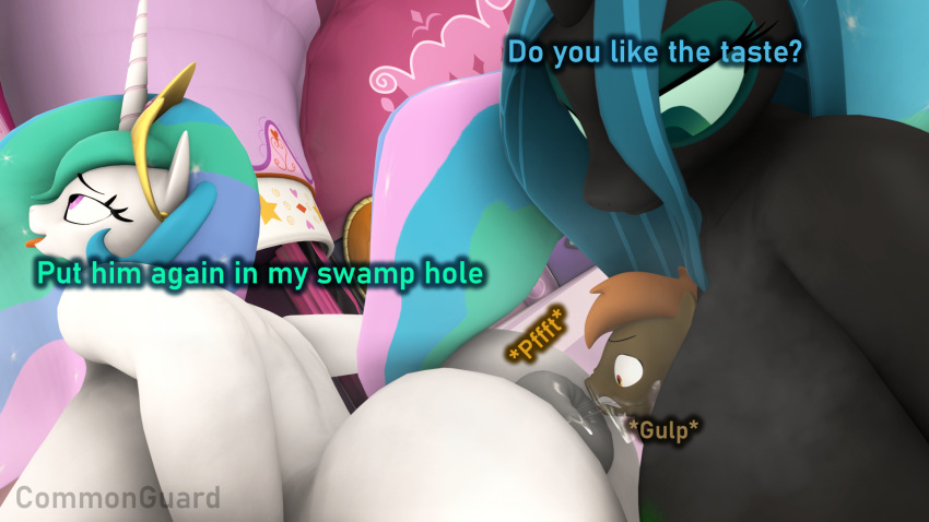 anal andromorph anthro anus big_butt bodily_fluids butt butt_sniffing button_mash_(mlp) commonguard dominant dominant_female duo equid equine fart female female/female friendship_is_magic group hasbro hi_res horn horse humanoid intersex larger_female male male/female mammal my_little_pony pony princess_celestia_(mlp) queen_chrysalis_(mlp) sitting_on_another size_difference smaller_male sniffing sweat text trio winged_unicorn wings