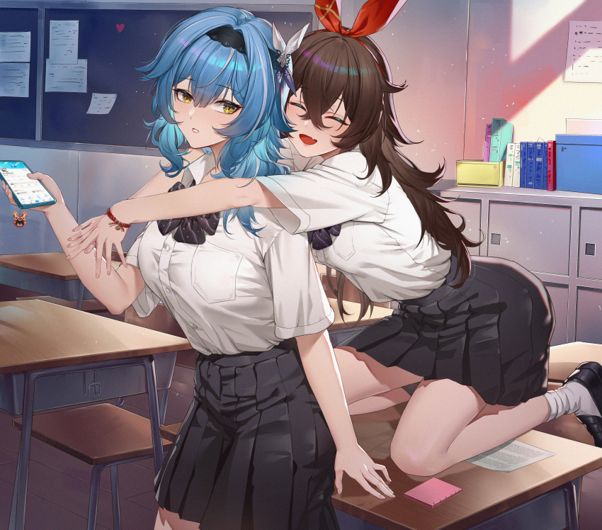 2girls absurdres alternate_costume amber_(genshin_impact) black_bow black_footwear black_hairband black_skirt blue_hair board bow bowtie bracelet breasts brown_hair cellphone_charm chair charm_(object) classroom closed_eyes collared_shirt crossed_bangs desk double-parted_bangs eula_(genshin_impact) fang full_body genshin_impact hair_between_eyes hair_ornament hair_ribbon hairband highres holding holding_phone hug hug_from_behind indoors jewelry large_breasts leaning_on_table lips long_hair looking_at_another medium_breasts medium_hair multiple_girls on_desk open_mouth phone pleated_skirt ribbon school_chair school_desk school_uniform shirt shirt_tucked_in sidelocks silhouette sitting sitting_on_desk skirt socks standing_on_desk tu_er_tm uniform upper_body wariza wavy_hair white_shirt white_socks window_shade yellow_eyes