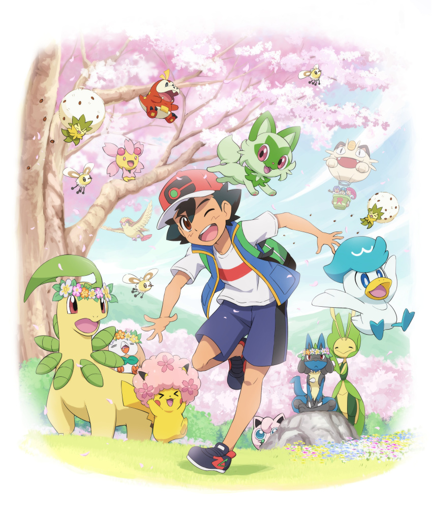 1girl 2boys ;d absurdres aircraft ash_ketchum backpack bag bayleef black_footwear black_hair blue_jacket border brown_eyes cherrim cherrim_(sunshine) cloud commentary_request cutiefly day eldegoss fuecoco grass green_bag hat highres hot_air_balloon jacket james_(pokemon) jessie_(pokemon) jigglypuff knees leavanny leg_up lucario meowth multiple_boys one_eye_closed open_mouth outdoors pidgeot pikachu pokemoa pokemon pokemon_(anime) pokemon_(creature) pokemon_journeys quaxly rowlet shirt shoes short_hair short_sleeves shorts sky sleeveless sleeveless_jacket smile sprigatito standing standing_on_one_leg t-shirt team_rocket teeth tongue tree upper_teeth_only white_border white_shirt