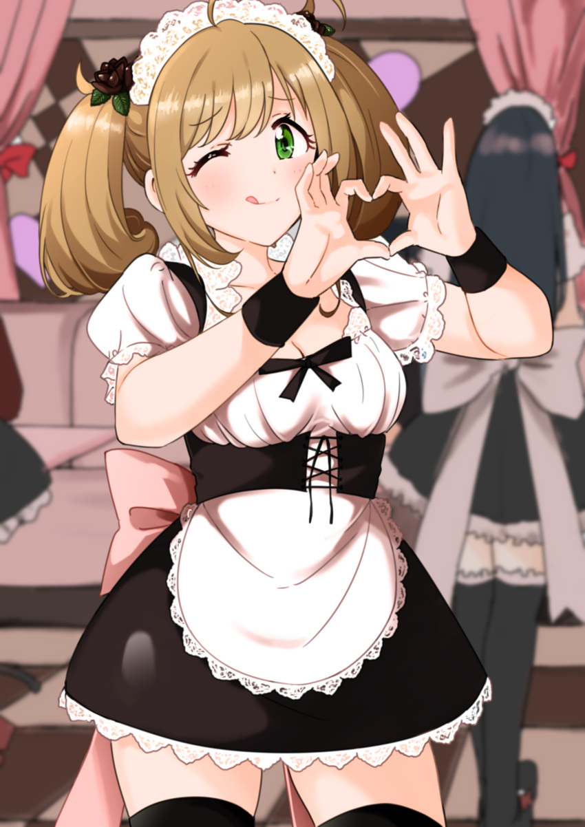 1girl 216_zig absurdres ahoge apron black_bow black_bowtie black_skirt black_thighhighs black_wristband blonde_hair blurry blurry_background blush bow bowtie breasts brown_flower chair cleavage collarbone cowboy_shot curtains dot_nose dress_bow extra finger_heart flower green_eyes hair_flower hair_ornament hands_up highres idolmaster idolmaster_cinderella_girls idolmaster_cinderella_girls_starlight_stage indoors lace-trimmed_apron lace-trimmed_shirt lace_trim large_breasts leaf long_hair looking_at_viewer maid_cafe one_eye_closed people pink_bow puffy_short_sleeves puffy_sleeves sato_shin shirt short_sleeves skirt smile solo standing suspender_skirt suspenders table thighhighs tongue tongue_out twintails waist_apron white_apron white_headdress white_shirt zettai_ryouiki