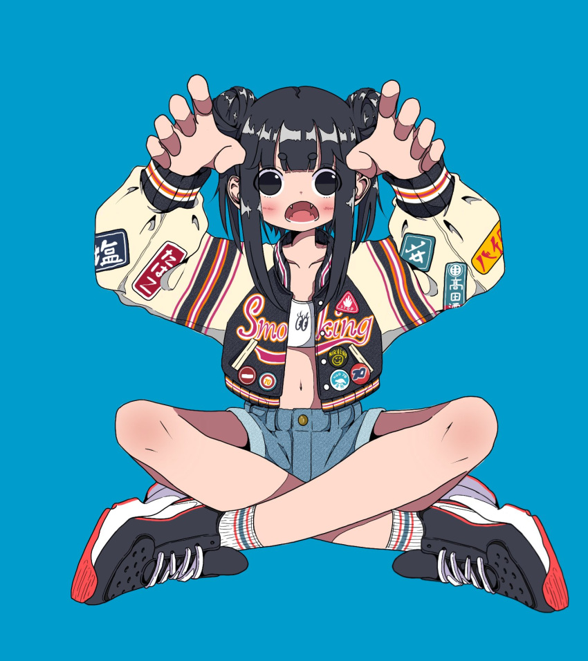 1girl arms_up badge bare_legs black_eyes black_footwear black_hair black_jacket blue_background blue_shorts blush button_badge collarbone cropped_shirt denim denim_shorts double_bun fangs full_body hair_bun highres indian_style jacket letterman_jacket long_hair long_sleeves looking_at_viewer nao97122 navel open_clothes open_jacket open_mouth original patch print_jacket ribbed_socks shirt shoes shorts sidelocks simple_background sitting sneakers socks solo straight-on streetwear white_shirt white_socks