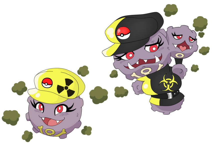 2_heads anthro armless belt big_breasts breasts clothed clothing duo female generation_1_pokemon hat headgear headwear koffing legless multi_head nintendo pokeball pokemon pokemon_(species) purple_body radiation_symbol red_eyes simple_background smoke symbol teeth uniform urusee584 weezing white_background