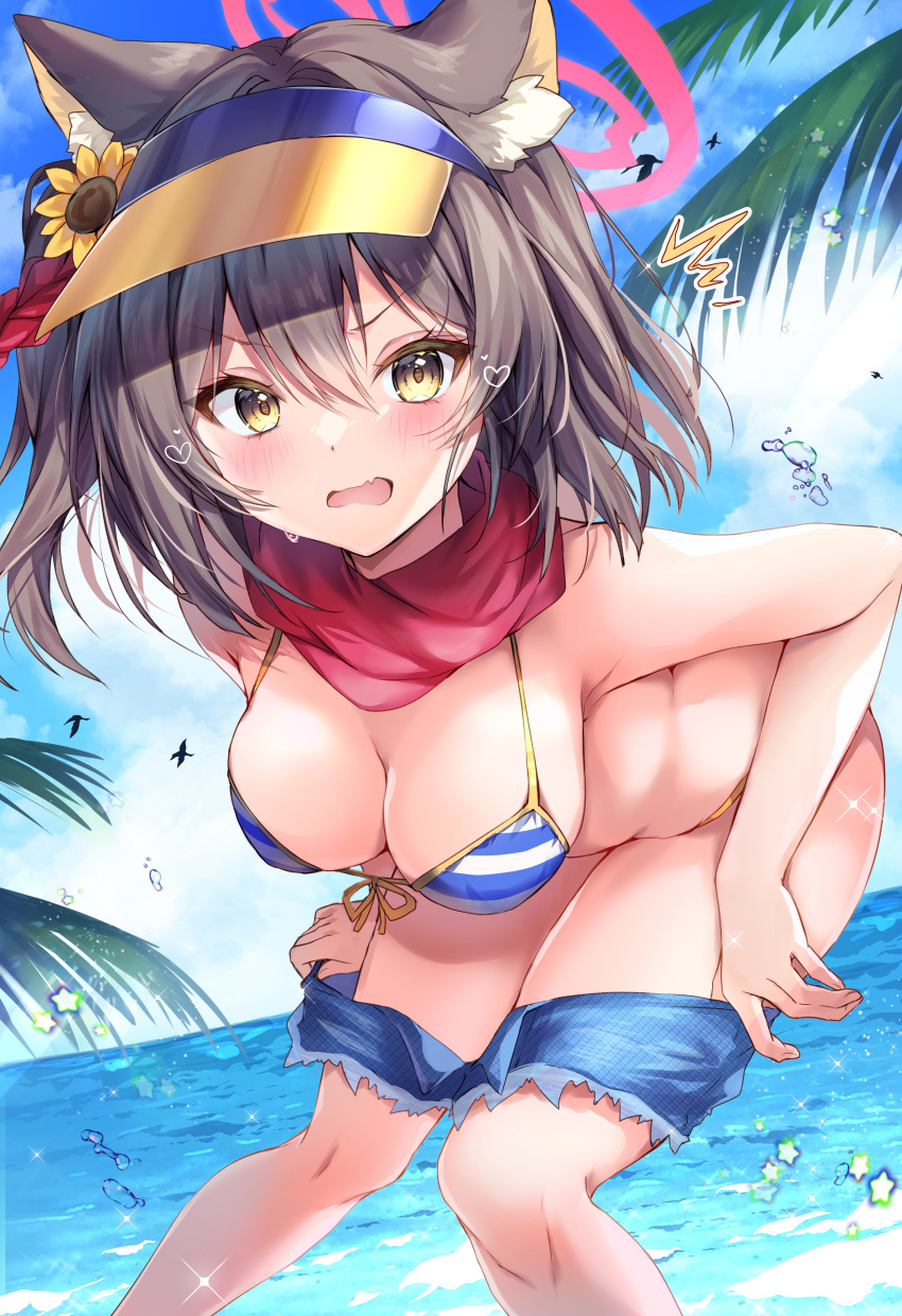 1girl absurdres animal_ear_fluff animal_ears bare_shoulders bikini blue_archive blush breasts brown_hair cleavage clothes_pull denim denim_shorts fox_ears fox_girl fox_tail halo heart highres izuna_(blue_archive) izuna_(swimsuit)_(blue_archive) leaning_forward looking_at_viewer nenobi_(nenorium) ocean scarf short_hair shorts shorts_pull solo striped striped_bikini swimsuit tail visor_cap yellow_eyes