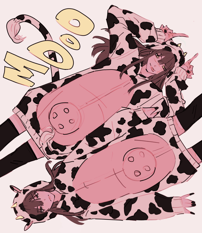 2girls animal_costume animal_print bangs black_hair black_nails black_thighhighs chainsaw_man cow_costume cow_print cross_scar emzok highres horns_pose long_hair looking_at_viewer mitaka_asa multiple_girls scar scar_on_cheek scar_on_face smile thighhighs tongue tongue_out yoru_(chainsaw_man)