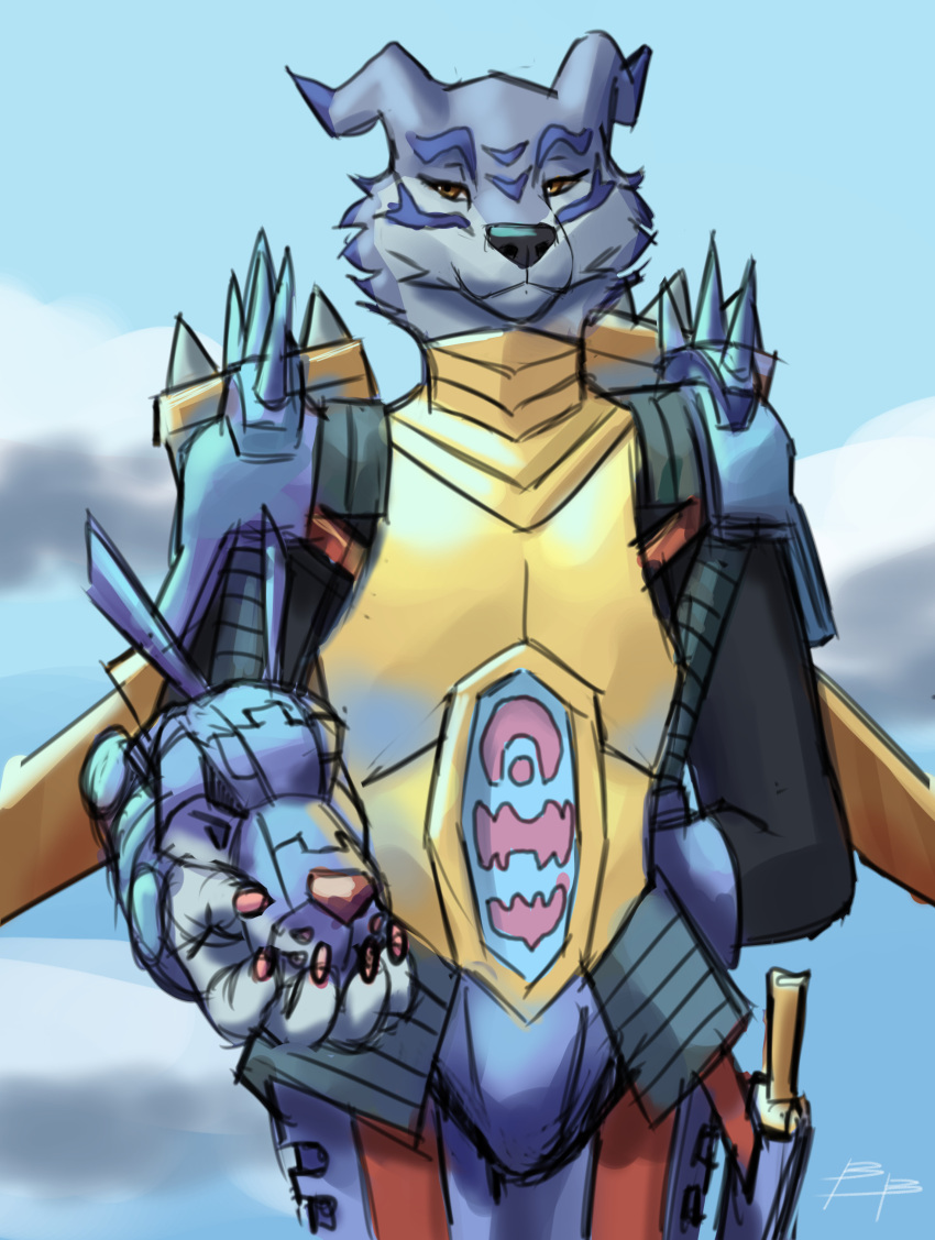 absurd_res anthro anthrofied armor bandai_namco blue_body blue_fur blueblaster canid canine canis digimon digimon_(species) fur headgear helmet hi_res male mammal metalgarurumon shoulder_pads solo spiked_shoulder_pads spikes striped_body striped_fur stripes wolf yellow_eyes