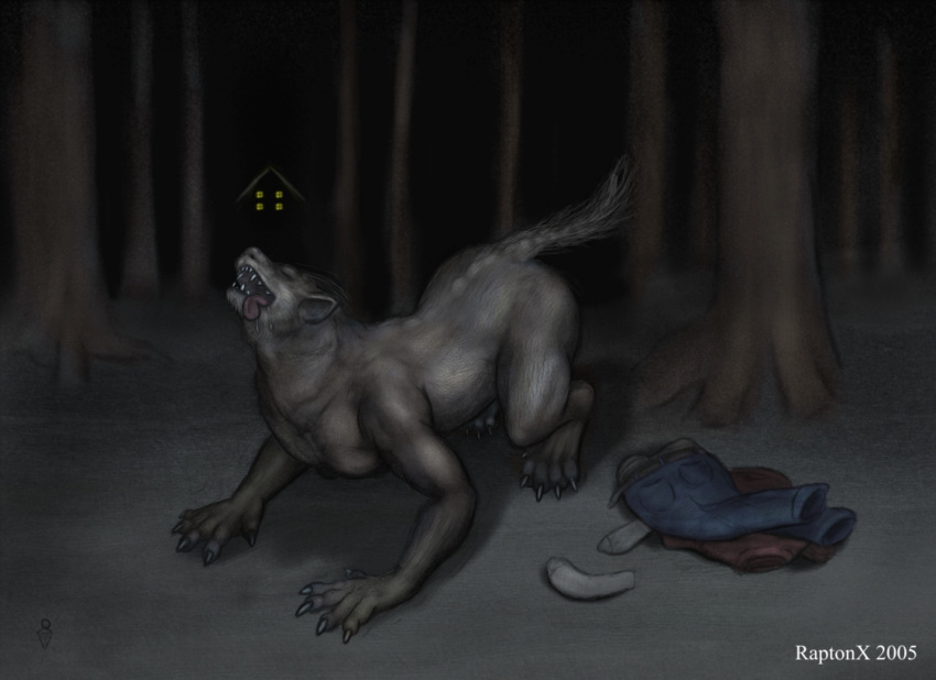 2005 all_fours bodily_fluids building canid canine claws clothing digitigrade drooling eyes_closed feral forest fur fur_growth growth house human male mammal nude outside plant raptonx saliva solo tail_growth tongue tongue_out transformation tree were werecanid werecanine werewolf