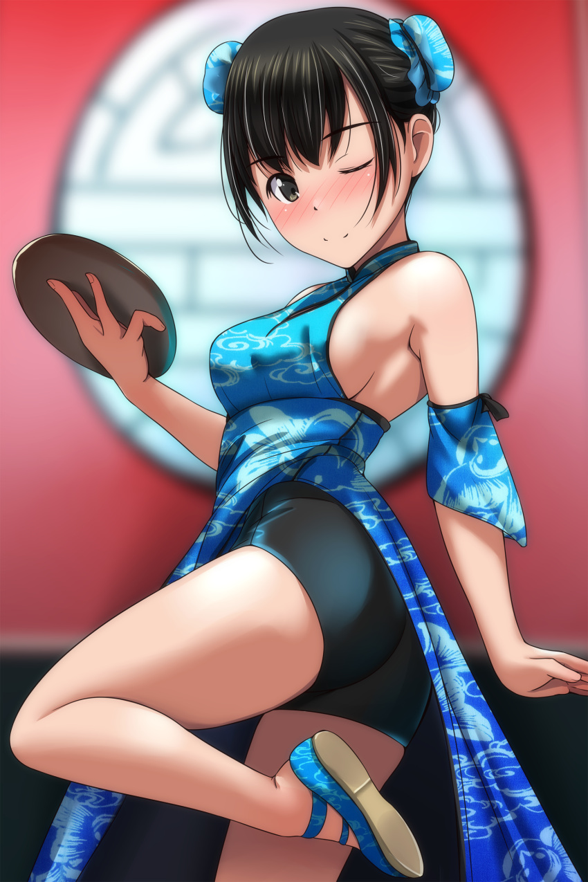 1girl absurdres armpit_crease ass bike_shorts black_eyes black_hair black_shorts blue_dress blurry blurry_background breasts bun_cover china_dress chinese_clothes detached_sleeves double_bun dress hair_bun highres holding holding_tray matsunaga_kouyou one_eye_closed original short_hair shorts shorts_under_skirt sideboob sidelocks solo standing standing_on_one_leg tray waitress window