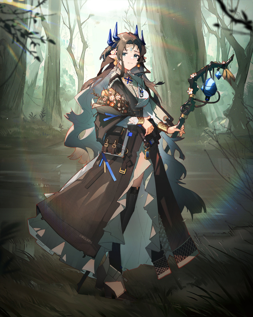 1girl absurdres arknights belt black_bag black_belt black_dress blue_ribbon blurry bracelet brown_hair chinese_commentary commentary demon_horns dress earrings flower forehead_jewel forest full_body grey_eyes hair_flower hair_ornament high_heels highres holding holding_staff holding_weapon horns huajiaohaibao jewelry leaf long_hair long_sleeves mole mole_under_mouth nature pointy_ears rainbow_background ribbon simple_background staff standing sunlight tattoo thighhighs torn_clothes torn_thighhighs tree valarqvin_(arknights) weapon white_flower white_footwear