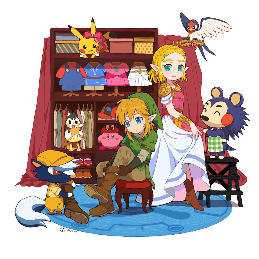 2boys 2girls ^_^ animal_crossing armor bird blonde_hair blue_eyes blush blush_stickers boots bow box bracer braid brown_footwear brown_gloves brown_headwear brown_overalls brown_pants cabbie_hat cappy_(mario) closed_eyes closed_mouth clothes_hanger clothes_lift commentary crown crown_braid curtains dated dress ear_bow earrings emolga english_commentary fingerless_gloves flying forehead gloves green_eyes green_headwear green_shirt green_tunic hair_between_eyes hair_ornament hairclip hat hedgehog_girl highres jewelry kicks_(animal_crossing) kirby kirby_(series) layered_sleeves link long_sleeves mabel_able_(animal_crossing) mario_(series) medium_hair multiple_boys multiple_girls open_mouth overalls pants parted_bangs pikachu pink_bow pink_dress pointy_ears pokemon pokemon_(creature) princess_zelda red_eyes red_headwear rutiwa scraggy shirt short_hair short_over_long_sleeves short_sleeves shoulder_armor sidelocks simple_background sitting skirt skirt_lift skunk_boy smile standing stool super_mario_odyssey taillow the_legend_of_zelda the_legend_of_zelda:_a_link_between_worlds the_legend_of_zelda:_breath_of_the_wild triforce triforce_earrings tunic vambraces wardrobe white_background white_dress yellow_shirt