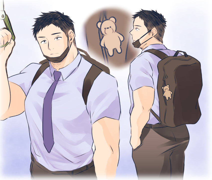 1boy ass backpack bag bag_charm bara bear_charm black_hair bored bus_interior charm_(object) close-up collared_shirt facial_hair feet_out_of_frame goatee goatee_stubble highres male_focus mask mask_pull mature_male mouth_mask multiple_views necktie original osu(statatatatatata) pectorals plump plump_salaryman_(osu) purple_necktie salaryman shirt short_hair sideburns_stubble standing stubble stuffed_animal stuffed_toy teddy_bear thick_eyebrows thick_thighs thighs