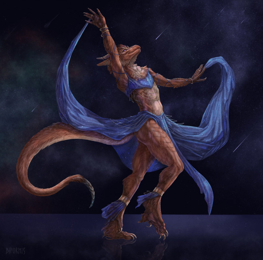 2023 anklet anthro barefoot biformis bracelet claws clothed clothing dancing digital_media_(artwork) dragon falling_star feet fur furred_dragon harem_outfit hi_res horn jewelry purple_eyes ring signature skimpy sky star starry_sky tail toe_claws