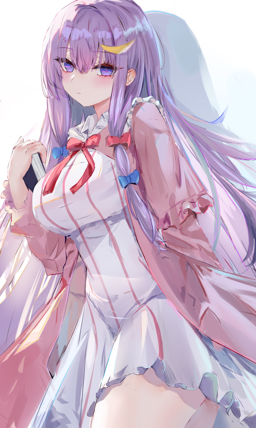 1girl absurdres bad_anatomy bad_perspective blue_bow book bow breasts crescent crescent_hair_ornament dress hair_between_eyes hair_ornament highres holding holding_book large_breasts long_hair lshiki no_headwear patchouli_knowledge purple_eyes purple_hair red_bow solo striped striped_dress touhou