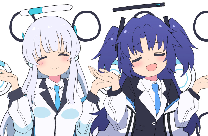 2girls :d blazer blue_archive blue_necktie blunt_bangs c: coat collared_shirt commentary_request halo hands_up headgear highres himiya_jouzu iden_teitei_meltdown jacket long_hair long_sleeves looking_at_viewer multiple_girls necktie noa_(blue_archive) onii-chan_wa_oshimai! open_clothes open_coat outstretched_arms parody parted_bangs pleated_skirt purple_hair school_uniform shirt sidelocks simple_background skirt smile spread_arms two_side_up white_coat white_hair yuuka_(blue_archive)
