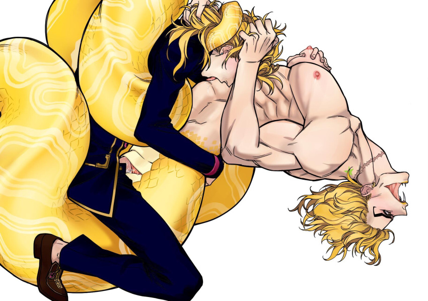 2boys birthmark blonde_hair brown_footwear cloaca completely_nude cuntboy cuntboy_with_male dio_brando earrings fangs father_and_son formal full_body giorno_giovanna grabbing grabbing_another's_hair highres huang_lia incest interspecies jewelry joestar_birthmark jojo_no_kimyou_na_bouken lamia_boy licking long_sleeves looking_to_the_side male_focus manboobs medium_hair monster_boy monsterification multiple_boys muscular muscular_male nipples nude open_mouth pectoral_grab pussy_juice scales scar scar_on_neck sex short_hair simple_background stardust_crusaders suit vaginal vento_aureo white_background yaoi yellow_lips yellow_scales