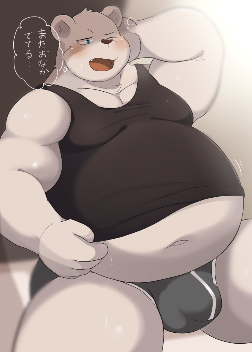 2023 ai_only_dream anthro bear belly big_belly blush bulge clothing hi_res humanoid_hands japanese_text kemono male mammal navel overweight overweight_male polar_bear shirt sitting solo text topwear underwear ursine white_body