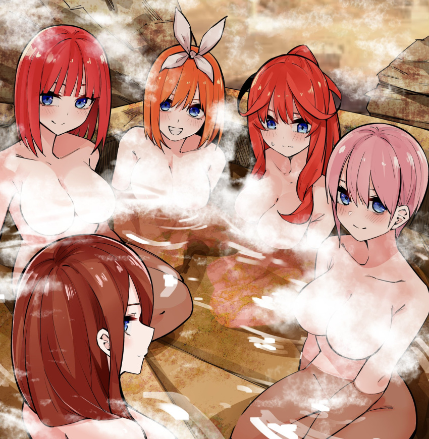 5girls bath bathing blue_eyes blush breasts clenched_teeth closed_mouth collarbone completely_nude convenient_censoring go-toubun_no_hanayome hair_ribbon highres long_hair looking_at_viewer mame1645 medium_breasts multiple_girls nakano_ichika nakano_itsuki nakano_miku nakano_nino nakano_yotsuba nude onsen orange_hair partially_submerged pink_hair red_hair ribbon short_hair sitting smile steam steam_censor teeth water white_ribbon