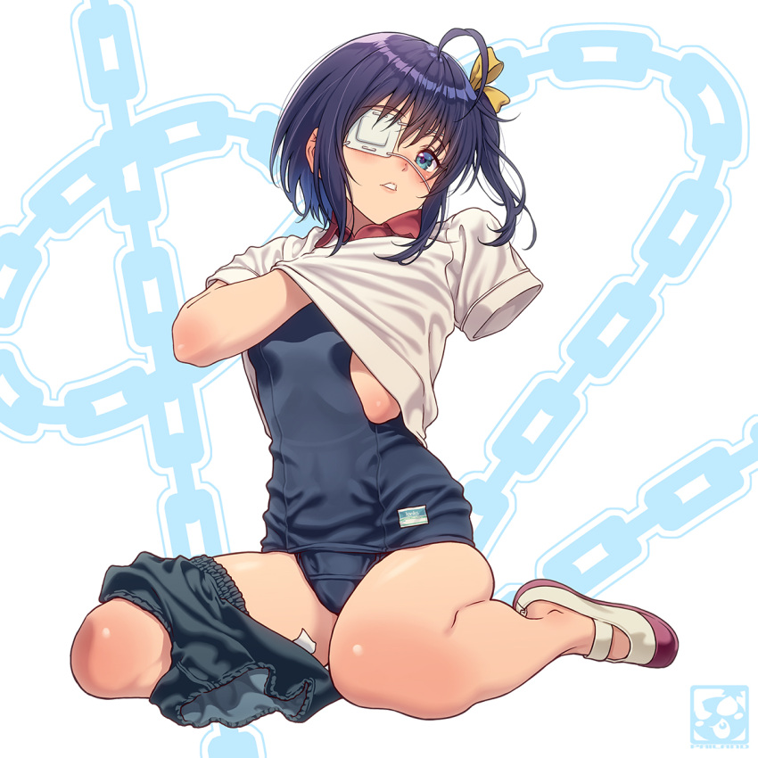 1girl ahoge blue_buruma blue_eyes blue_hair blue_one-piece_swimsuit blush buruma buruma_around_one_leg chuunibyou_demo_koi_ga_shitai! clothes_lift clothes_pull eyepatch gym_shirt gym_uniform hair_ribbon highres looking_at_viewer medical_eyepatch old_school_swimsuit one-piece_swimsuit one_side_up open_mouth pairan pulled_by_self ribbon school_swimsuit shirt shirt_lift shoes short_hair short_sleeves sitting solo swimsuit swimsuit_under_clothes takanashi_rikka undressing uwabaki wariza white_shirt