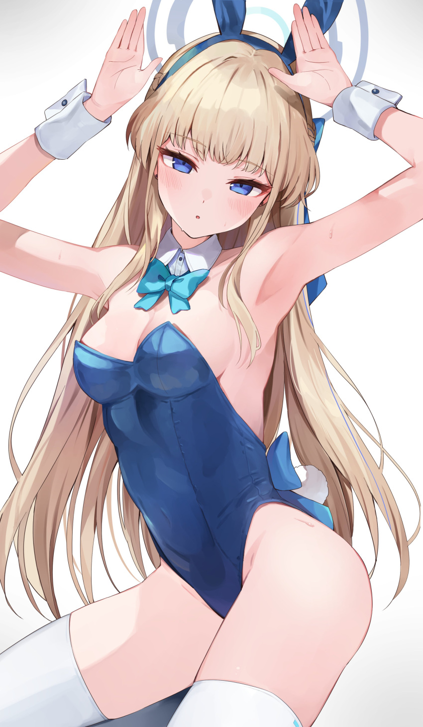 1girl :o absurdres animal_ears armpits arms_up bare_shoulders blonde_hair blue_archive blue_bow blue_eyes blue_hairband blue_leotard bow bowtie braid breasts detached_collar ear_piercing fake_animal_ears hairband halo highleg highleg_leotard highres leotard long_hair medium_breasts official_alternate_costume official_alternate_hairstyle parted_lips piercing playboy_bunny rabbit_ears rabbit_pose rabbit_tail racchi. simple_background sweat tail thighhighs thighs toki_(blue_archive) toki_(bunny)_(blue_archive) very_long_hair white_background white_thighhighs wrist_cuffs