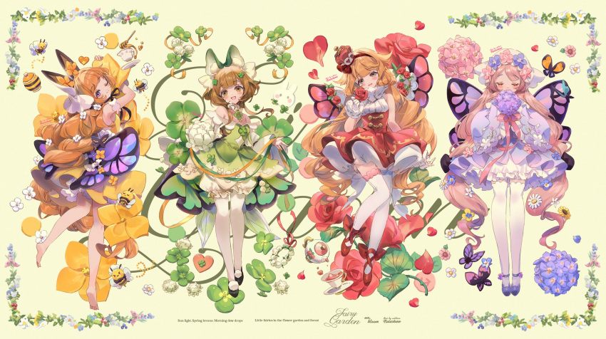 4girls :d ;) animal_ears ankle_bow ankle_lace-up ankle_strap aqua_eyes barefoot bee black_bow black_footwear black_ribbon bloomers blue_flower bow brown_hair bug butterfly butterfly_wings closed_eyes closed_mouth clover clover_(flower) clover_hair_ornament collar commentary crown cup curly_hair daisy detached_sleeves dress dress_flower english_commentary english_text facing_viewer flower flower_wreath four-leaf_clover frilled_collar frills full_body gloves green_dress green_ribbon hair_bow hair_flower hair_ornament hairband head_scarf high-waist_skirt highres holding holding_flower holding_ribbon honey honey_dipper honeypot hugging_object hydrangea insect_wings juliet_sleeves legs_together light_blush long_sleeves looking_at_viewer looking_back low_twintails low_wings mini_crown multiple_girls neck_ruff nemophila_(flower) off-shoulder_dress off_shoulder one_eye_closed orange_butterfly orange_hair orange_ribbon original oversized_flower pansy petticoat pink_butterfly pink_flower pink_hair pink_ribbon pom_pom_(clothes) puffy_sleeves purple_butterfly purple_dress purple_eyes purple_flower purple_footwear red_bow red_flower red_footwear red_hairband red_rose red_skirt ribbon ringlets rose saucer shirt shoes short_hair_with_long_locks short_sleeves sidelocks skirt sleeveless sleeveless_shirt sleeves_past_fingers sleeves_past_wrists smile swept_bangs tea teacup teapot thighhighs twintails veil welchino white_flower white_gloves white_shirt white_thighhighs white_veil wide_sleeves wings wispy_bangs wrist_cuffs yellow_background yellow_dress yellow_eyes yellow_flower