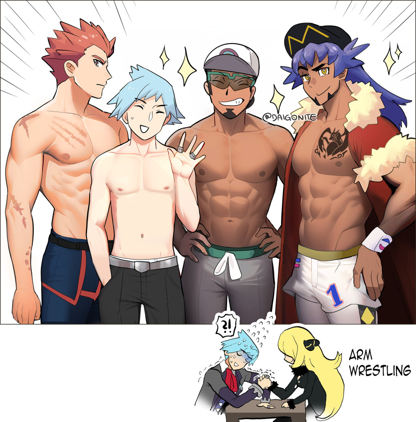 !? 1girl 4boys abs arm_wrestling baseball_cap belt black_hair black_pants blonde_hair blue_hair blue_pants cape chest_tattoo closed_eyes commentary cynthia_(pokemon) dynamax_band emphasis_lines english_commentary english_text facial_hair flying_sweatdrops goatee goro_orb grey_belt grey_pants grin hand_in_pocket hands_on_own_hips hat highres jewelry kukui_(pokemon) lance_(pokemon) leggings leon_(pokemon) multiple_boys multiple_rings muscular muscular_male navel nipples pants pectorals pokemon pokemon_(game) pokemon_dppt pokemon_hgss pokemon_oras pokemon_sm pokemon_swsh purple_hair red_cape red_hair ring scar scar_on_chest short_hair shorts smile sparkle speech_bubble spiked_hair spoken_interrobang steven_stone sunglasses sweat tattoo teeth topless_male trembling twitter_username white_shorts wristband