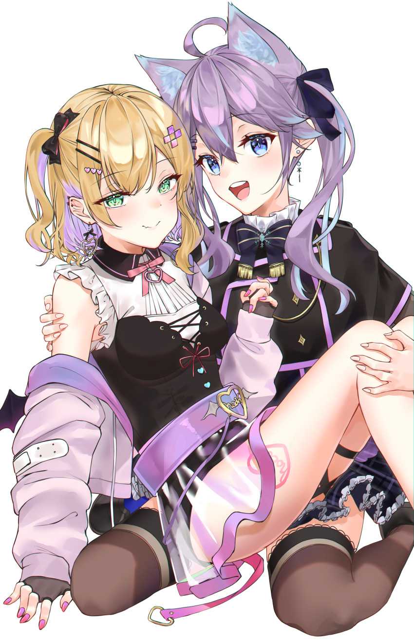 2girls absurdres animal_ears bandaid bare_legs bare_shoulders barefoot bat_wings belt black_bow black_bustier black_capelet black_gloves black_shorts black_thighhighs blue_eyes blush bow bowtie breasts brooch bustier capelet carrying cat_ears colored_inner_hair ear_piercing earrings extra_ears fingerless_gloves frilled_shirt_collar frilled_skirt frills gloves green_eyes hair_between_eyes hair_ornament hair_ribbon hairclip heart heart_ear_ornament heart_hair_ornament heart_tattoo highres jacket jewelry kiaoekakishitai kurumi_noah lace lace_gloves leg_tattoo long_hair long_sleeves looking_at_viewer medium_breasts multicolored_hair multiple_girls neck_ribbon nijisanji nun_bora o-ring o-ring_thigh_strap off_shoulder official_alternate_costume open_clothes open_jacket piercing pink_bow pink_bowtie pink_jacket pleated_skirt princess_carry purple_belt purple_hair ribbon see-through see-through_shirt short_hair short_shorts shorts simple_background sitting skirt snowflake_brooch snowflake_earrings snowflake_ornament snowflakes strap tattoo thigh_strap thighhighs two-tone_hair virtual_youtuber vspo! wariza white_background wings