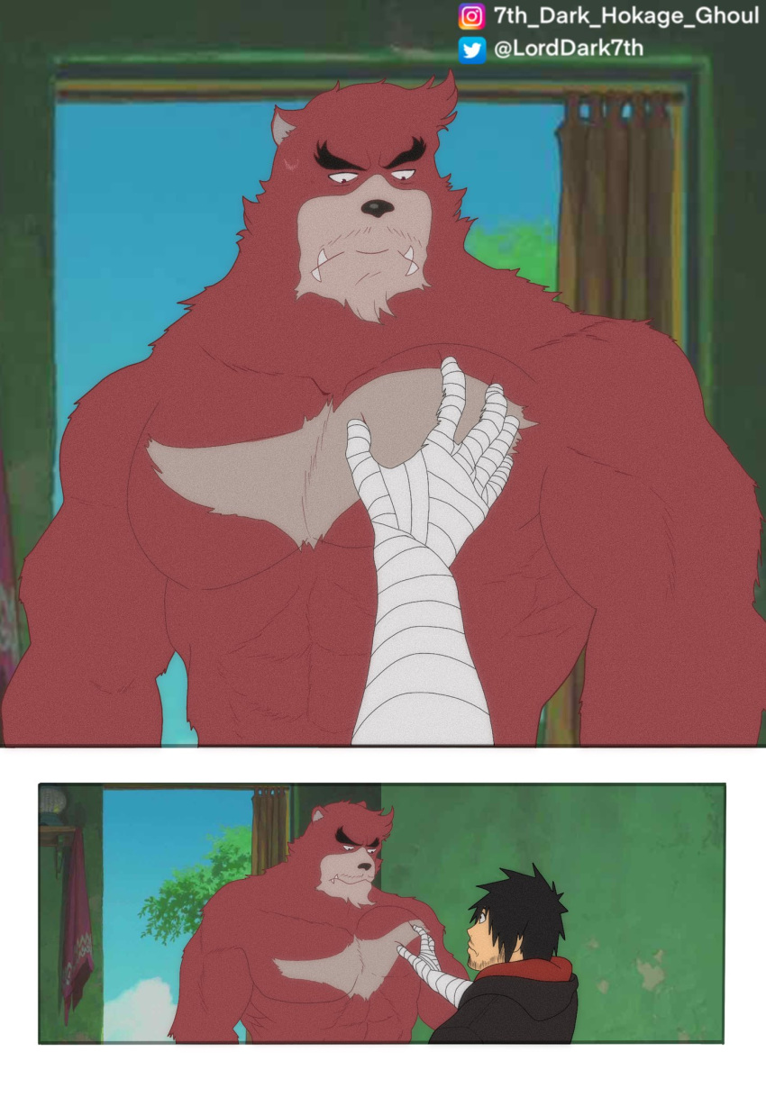 2boys 7th_dark_hokage abs aged_up animal_ears bakemono_no_ko bara bear_boy bear_ears beard blank_stare brown_fur eye_contact facial_hair forked_eyebrows furry furry_male furry_with_non-furry grabbing highres interspecies kumatetsu kyuuta_(bakemono_no_ko) large_pectorals looking_at_another male_focus multiple_boys muscular muscular_male nipples no_nipples nude pectoral_grab pectoral_grab_(sibi2028) pectorals short_hair stomach stubble thick_eyebrows tusks upper_body yaoi