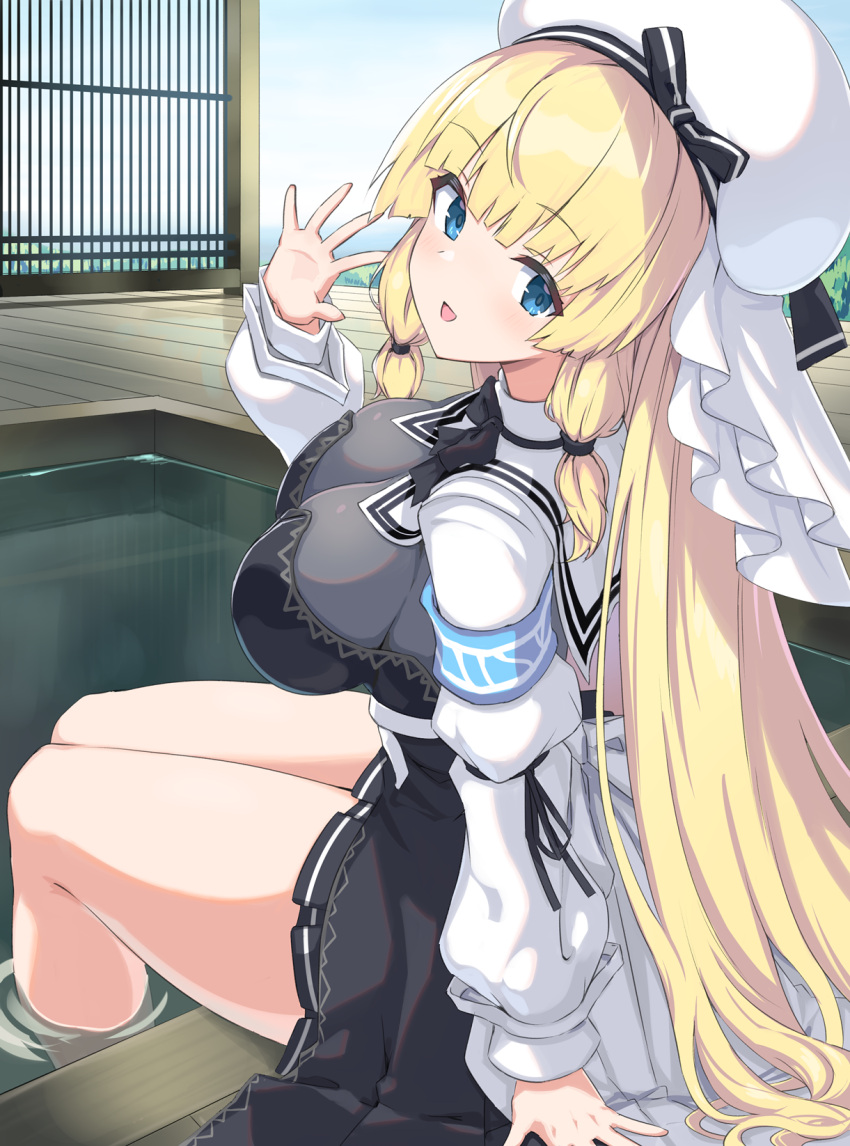1girl arm_at_side armband ashiyu assault_lily bare_legs beret black_dress black_ribbon blonde_hair blue_eyes blue_sky blunt_bangs bow bowtie breasts day dress foot_bath frilled_hat frills from_behind hand_up hat hat_ribbon highres horizon large_breasts light_blush long_hair long_sleeves looking_at_viewer looking_back open_hand outdoors parted_lips pera red_bow red_bowtie ribbon sailor_collar school_uniform see-through shrug_(clothing) sidelocks sitting sky sleeve_ribbon smile soaking_feet solo striped striped_ribbon tachihara_sayu thighs very_long_hair waist_cape white_headwear white_sailor_collar wooden_floor