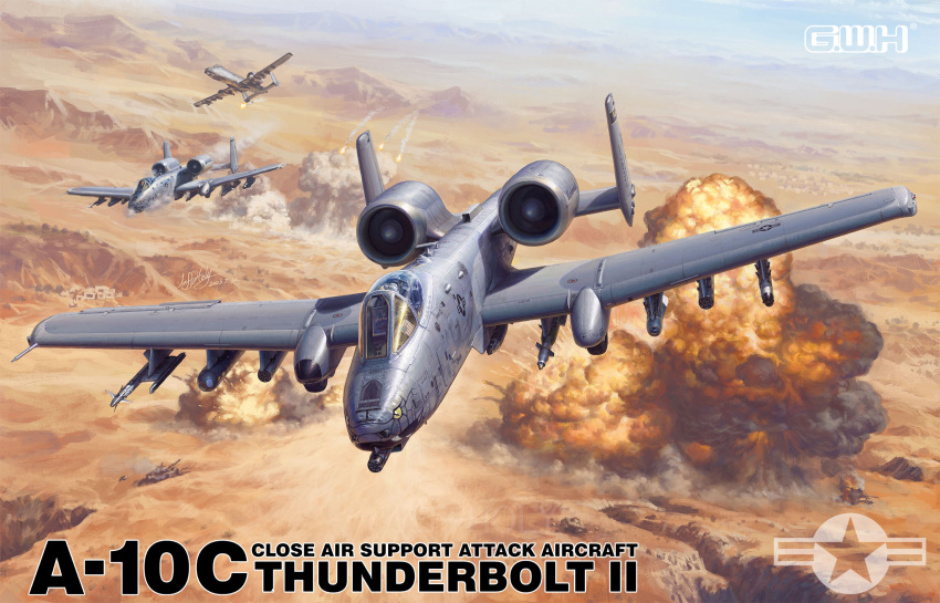 a-10_thunderbolt_ii aircraft airplane canopy_(aircraft) dated day desert english_text explosion fighter_jet flare flying gatling_gun highres jeffholy jet military_vehicle missile nose_art original outdoors realistic roundel signature united_states_air_force vehicle_focus