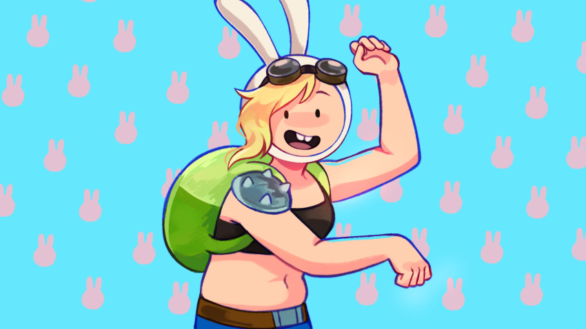 adventure_time:fionna_and_cake animal_ears backpack bag belt black_bra blonde_hair blue_shorts bra buck_teeth clenched_hands easy_breezy eizouken_ni_wa_te_wo_dasu_na! english_commentary fake_animal_ears fionna_the_human_girl green_bag highres looking_at_viewer midriff navel no_shirt open_mouth rabbit rabbit_ears shorts simple_background single_shoulder_pad standing teeth underwear winnie62123994