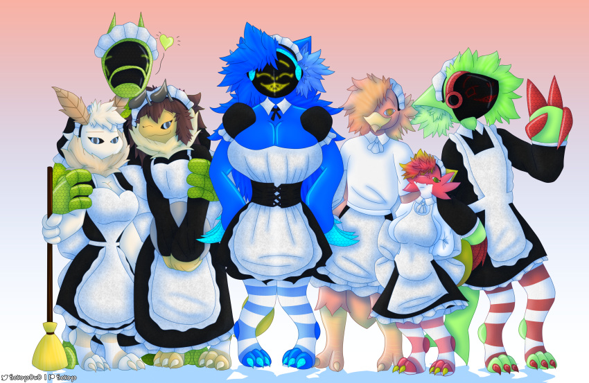 &lt;3 absurd_res animal_humanoid anthro apron armor arthropod arthropod_humanoid avian avian_humanoid bee bee_humanoid big_breasts blue_body blue_fur blue_hair breast_squish breasts broom buzzlet_(sokoyo_owo) character_collage claws cleaning_tool clothed clothing comparing dragonfruit_(sokoyo_owo) dress female footwear fur gesture gradient_background green_body green_fur green_hair group group_picture hair hands_on_hips hi_res humanoid hymenopteran hymenopteran_humanoid insect insect_humanoid kobold legwear lepidopteran lepidopteran_humanoid lime_(sokoyo_owo) machine maid_apron maid_headdress maid_uniform male moth moth_humanoid peach_(sokoyo_owo) pink_body pink_fur pink_hair plate protogen red_eyes shaded shadow silkie_(sokoyo_owo) simple_background size_difference smile socks sokoyo_owo squish starry_(sokoyo_owo) synth_(vader-san) tan_body tan_fur thick_thighs thigh_highs thigh_socks uniform v_sign watermelon_(sokoyo_owo) white_body white_fur white_hair yellow_body yellow_eyes yellow_fur