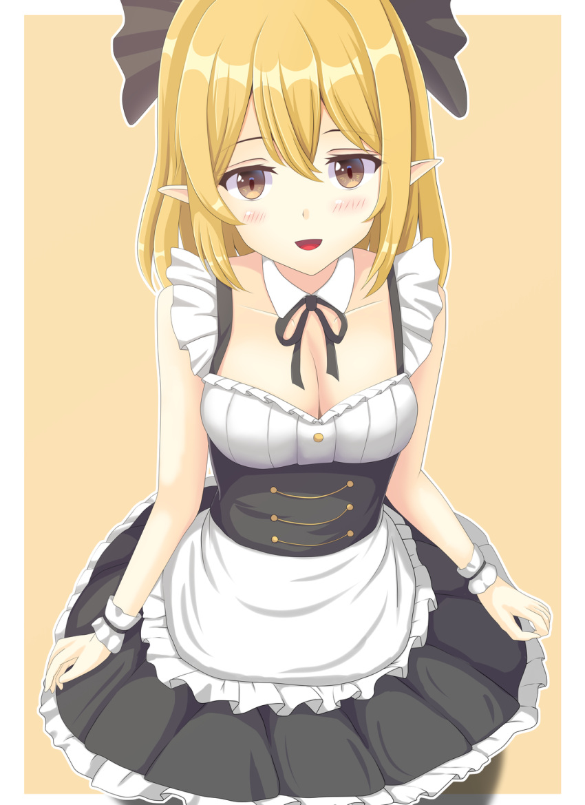 1girl alternate_costume apron black_bow black_hair blonde_hair blush border bow breasts cleavage collarbone commentary_request crossed_bangs detached_collar dress frills hair_bow highres holding_another's_wrist kurodani_yamame long_hair looking_at_viewer maid medium_breasts miso_inpakuto neck_ribbon open_mouth outline outside_border paid_reward_available pointy_ears ribbon simple_background smile solo touhou waist_apron white_border white_outline wrist_cuffs yellow_background