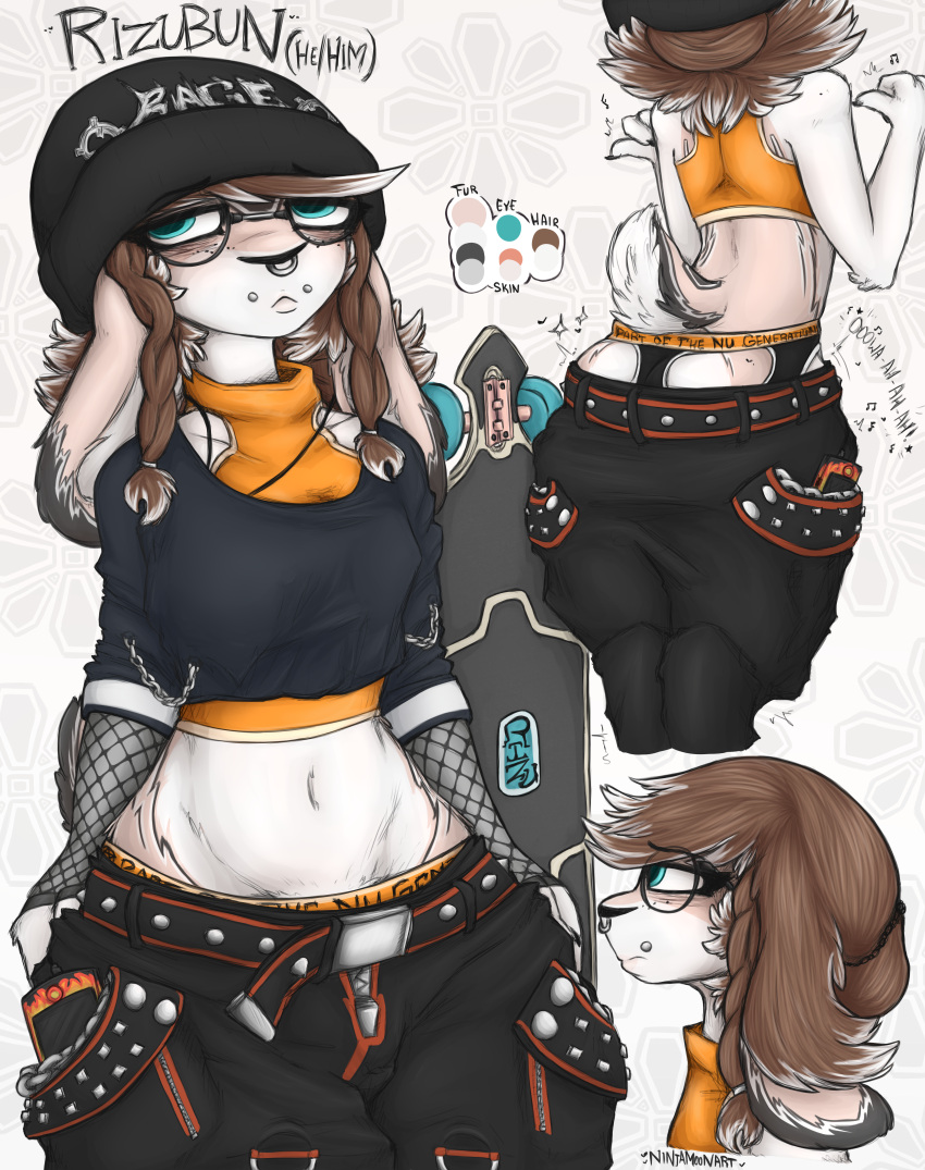 absurd_res alternative alternative_clothing anthro armwear baggy_pants beanie blue_eyes braided_hair brown_hair butt chain chilling clothing crop_top dancing eyewear facial_piercing fishnet fishnet_armwear freckles girly glasses goth hair halter_top halterneck hands_in_both_pockets hat headgear headphones headwear hi_res highlights_(coloring) jockstrap lagomorph latex_clothing leaning_on_wall leporid longboard male mammal man_bun meme metal midriff ninjamoon nose_piercing nose_ring phone piercing pronouns punk rabbit ring_piercing rizubun sagging_pants scut_tail shirt short short_tail skater slim slim_male small_waist solo tail topwear tripp_pants underwear unimpressed