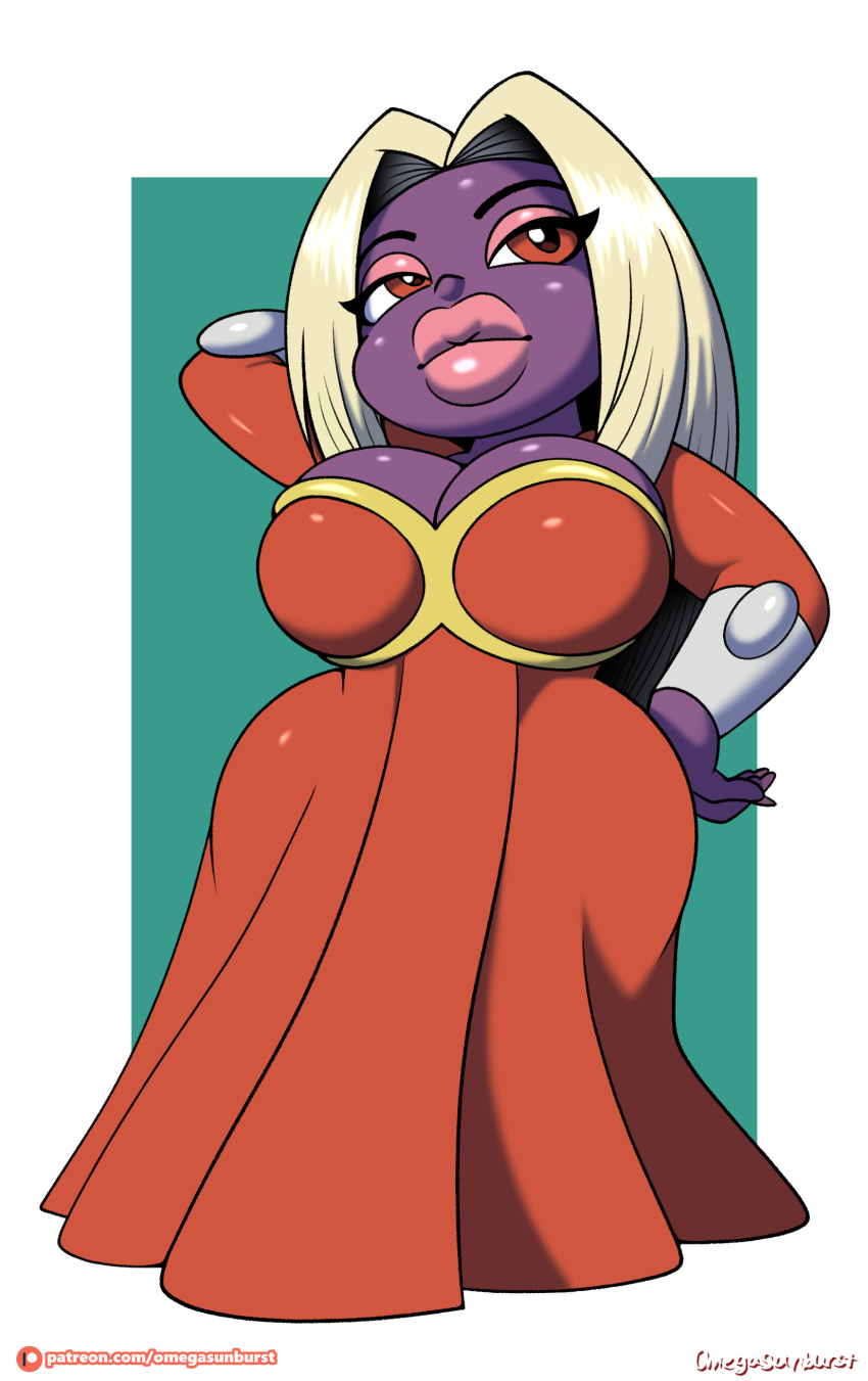 absurd_res breasts cleavage clothed clothing female generation_1_pokemon hand_behind_head hand_on_hip hi_res humanoid jynx lips nintendo omegasunburst pokemon pokemon_(species) solo thick_lips wide_hips