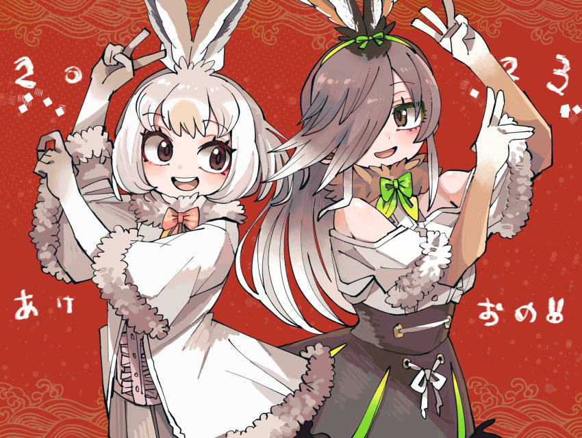 2girls animal_ears bow bowtie brown_eyes coat dress elbow_gloves european_hare_(kemono_friends) extra_ears gloves hair_over_one_eye highres kanmoku-san kemono_friends long_hair mountain_hare_(kemono_friends) multiple_girls rabbit_ears rabbit_girl red_background ribbon shirt short_hair simple_background skirt smile