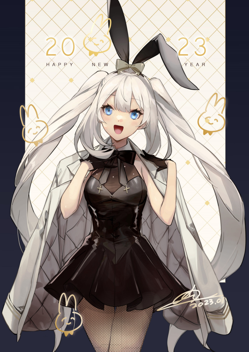 1girl 2023 absurdres alternate_costume animal_ears black_dress blush breasts cowboy_shot dated detached_collar dress fake_animal_ears fate/grand_order fate_(series) fishnet_pantyhose fishnets gloves happy_new_year highres jacket long_hair looking_at_viewer marie_antoinette_(fate) no-kan open_clothes open_jacket pantyhose rabbit_ears rabbit_symbol signature small_breasts smile solo twintails white_hair
