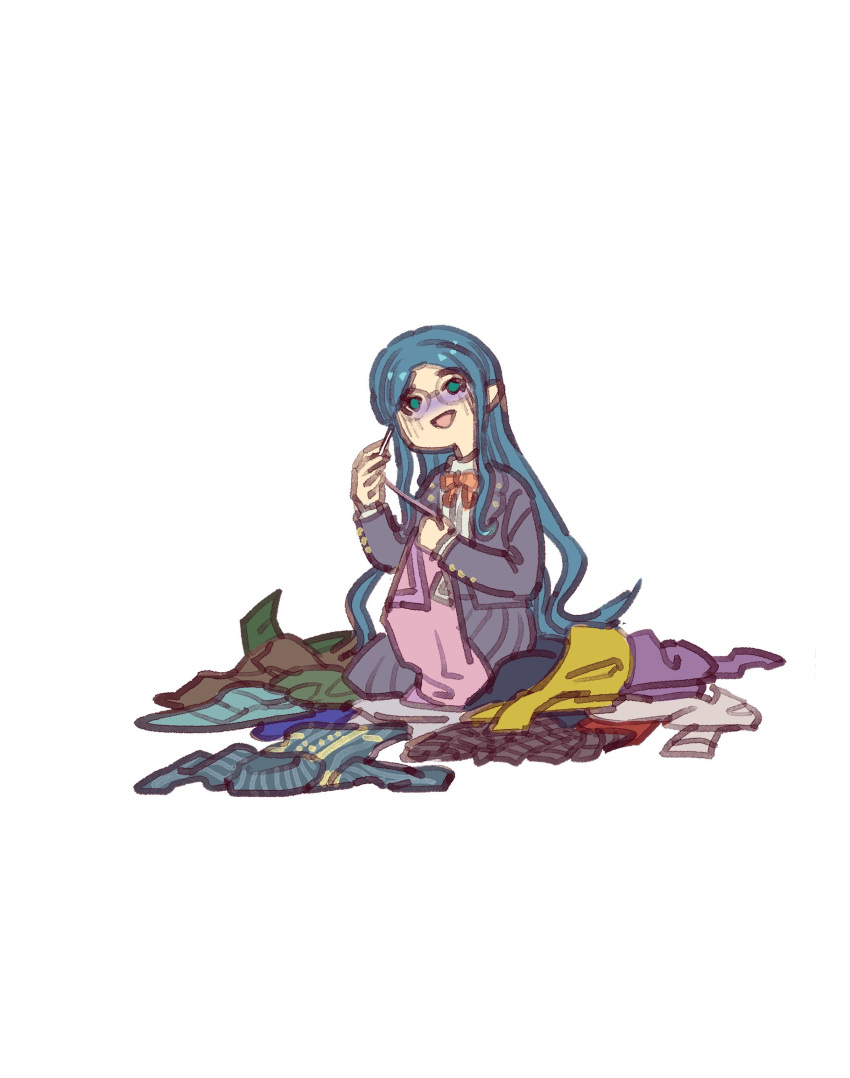 1girl :d blue_hair blush bow bowtie danganronpa_(series) danganronpa_v3:_killing_harmony glasses hands_up highres holding_sewing_needle jacket jacket_removed long_hair long_sleeves open_clothes open_jacket open_mouth orange_bow orange_bowtie shirogane_tsumugi shirt simple_background skirt skirt_removed smile solo white_background youko-shima