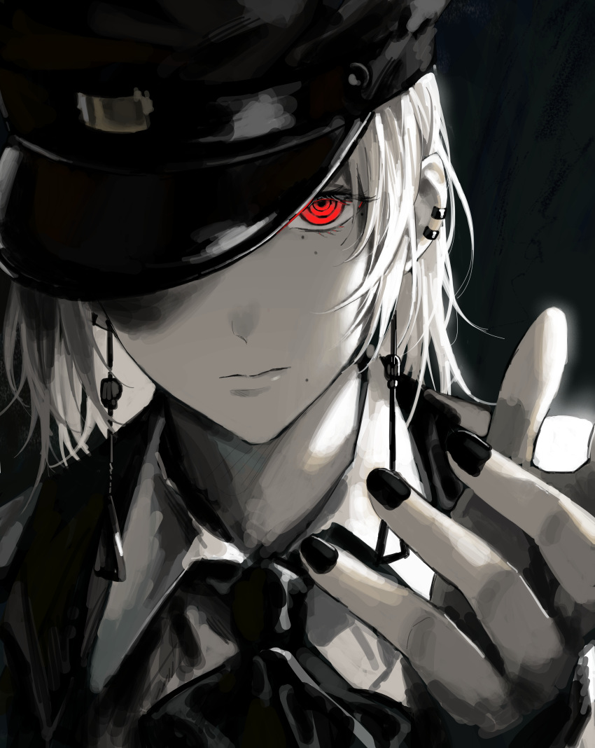 1girl absurdres ascot black_ascot black_headwear black_nails chainsaw_man closed_mouth collared_shirt earrings expressionless fami_(chainsaw_man) fingernails glowing glowing_eyes hat hat_over_one_eye highres jewelry kyoko_(zeprii4) looking_at_viewer medium_hair mole mole_under_eye mole_under_mouth multiple_piercings one_eye_covered outstretched_hand peaked_cap portrait red_eyes ringed_eyes shirt solo spot_color white_hair white_shirt wing_collar