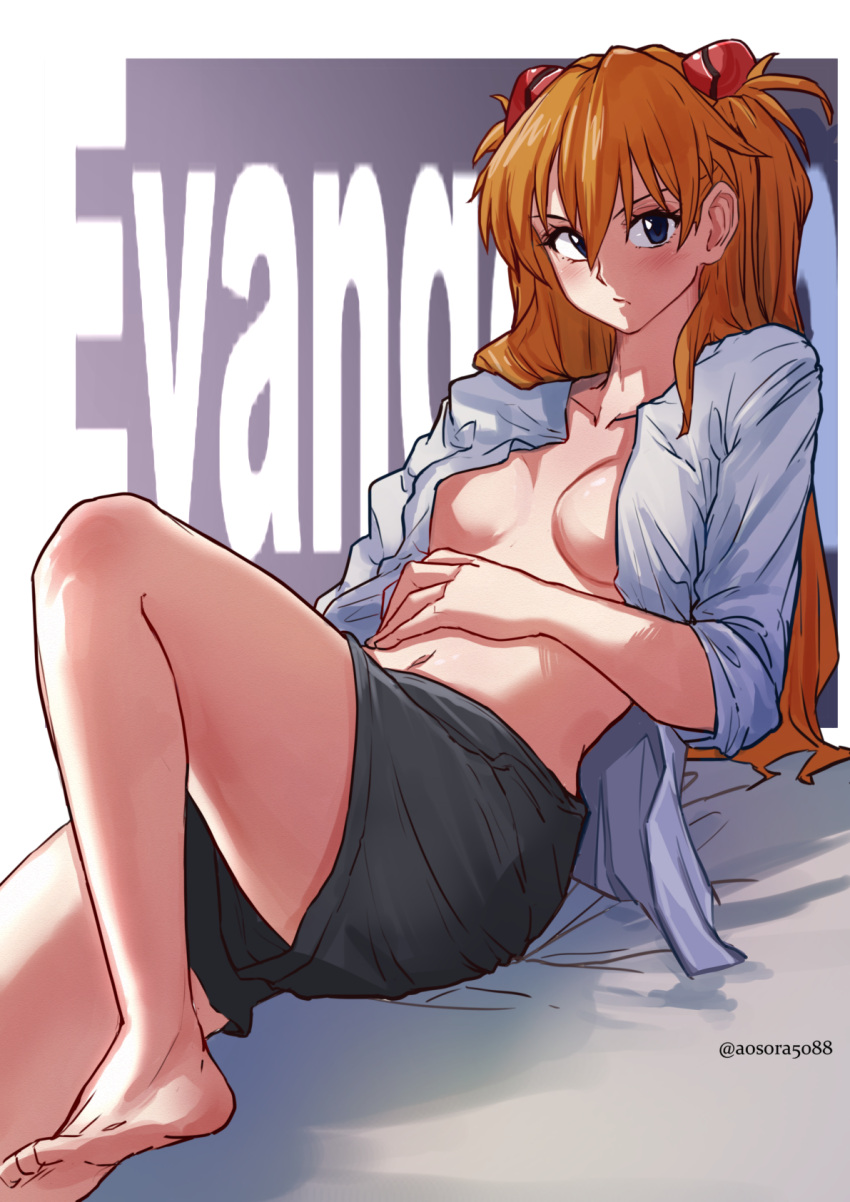 1girl aosora2823 blue_eyes breasts cleavage highres interface_headset long_hair looking_at_viewer midriff navel neon_genesis_evangelion solo souryuu_asuka_langley thighs tsundere