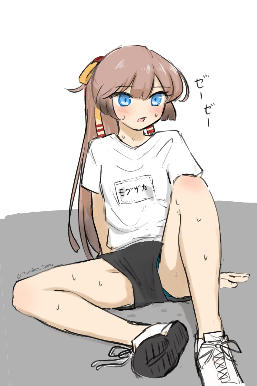 1girl absurdres alternate_costume aqua_eyes black_shorts brown_hair green_panties gym_shirt gym_shorts hair_ribbon highres kantai_collection kazagumo_(kancolle) long_hair name_tag panties panties_under_shorts panty_peek ponytail ribbon shirt shorts sitting solo sweat t-shirt tsuru_(thunder_tsuru) underwear white_footwear white_shirt