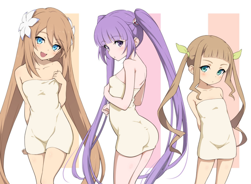 3girls :d ass back blue_eyes blunt_bangs blush breasts brown_hair butt_crack child closed_mouth collarbone drill elle_mel_martha fang flat_chest flower green_eyes groin hair_flower hair_ornament kiikii_(kitsukedokoro) long_hair looking_at_viewer multiple_girls open_mouth purple_eyes purple_hair small_breasts smile sophie_(tales) straight_hair tales_of_(series) tales_of_asteria tales_of_graces tales_of_symphonia tales_of_symphonia_knight_of_ratatosk tales_of_xillia tales_of_xillia_2 twintails very_long_hair