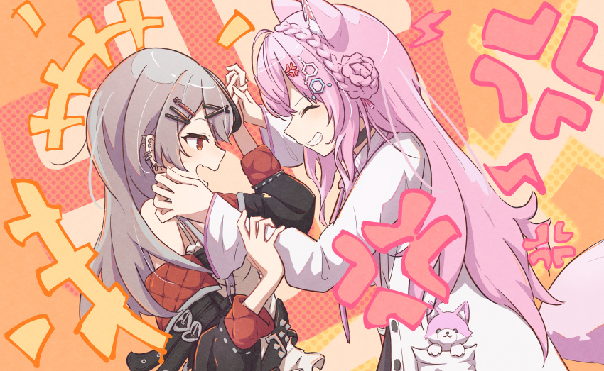 2girls absurdres animal_ear_fluff animal_ears belt black_belt black_coat black_hair camisole chest_belt closed_eyes closed_mouth coat ear_piercing grey_hair hair_ornament hairpin hakui_koyori hakui_koyori_(1st_costume) hands_on_another's_wrists hexagon_hair_ornament highres hololive kokoro_(hakui_koyori) lab_coat long_hair looking_at_another multicolored_hair multiple_girls oki_no_fuji open_mouth piercing pink_hair red_coat red_eyes sakamata_chloe sakamata_chloe_(1st_costume) smile streaked_hair tail two-sided_coat two-sided_fabric virtual_youtuber white_camisole white_coat wolf_ears wolf_girl wolf_tail x_hair_ornament
