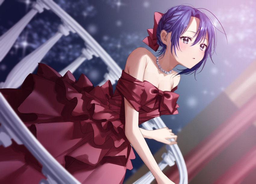 1girl :o balcony bare_shoulders blurry blurry_background blush bow braid breasts chigusa_minori cleavage collarbone commentary_request dress dutch_angle hair_bow highres himeno_akira jewelry jitsuha_imouto_deshita. looking_up necklace novel_illustration off-shoulder_dress off_shoulder official_art parted_lips partial_commentary purple_eyes purple_hair railing red_bow red_dress solo standing