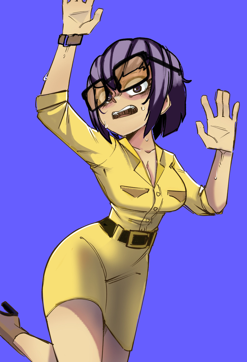 1girl absurdres belt breasts cleavage collared_dress dinocore dress glasses high_heels highres kaya_(dinocore) large_breasts looking_at_viewer purple_eyes purple_hair short_hair simple_background solo struggling4rt sweat tripping watch yellow_dress