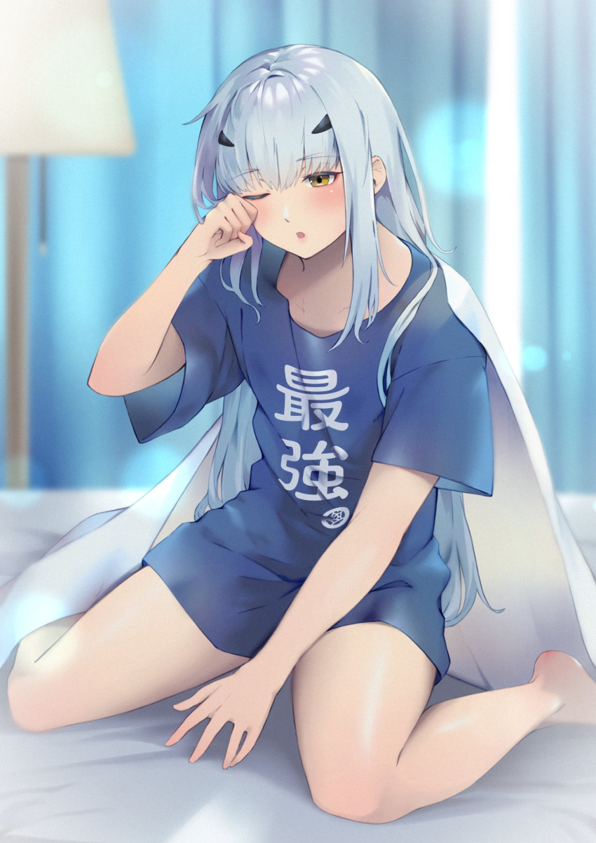 1girl :o alternate_costume bed_sheet blue_shirt blurry blurry_background blush collarbone commentary_request curtains fairy_knight_lancelot_(fate) fate/grand_order fate_(series) hair_between_eyes hair_ornament highres indoors long_hair nakaga_eri naked_shirt on_bed one_eye_closed oversized_clothes oversized_shirt shirt short_sleeves sitting solo sunlight translated very_long_hair white_hair yellow_eyes