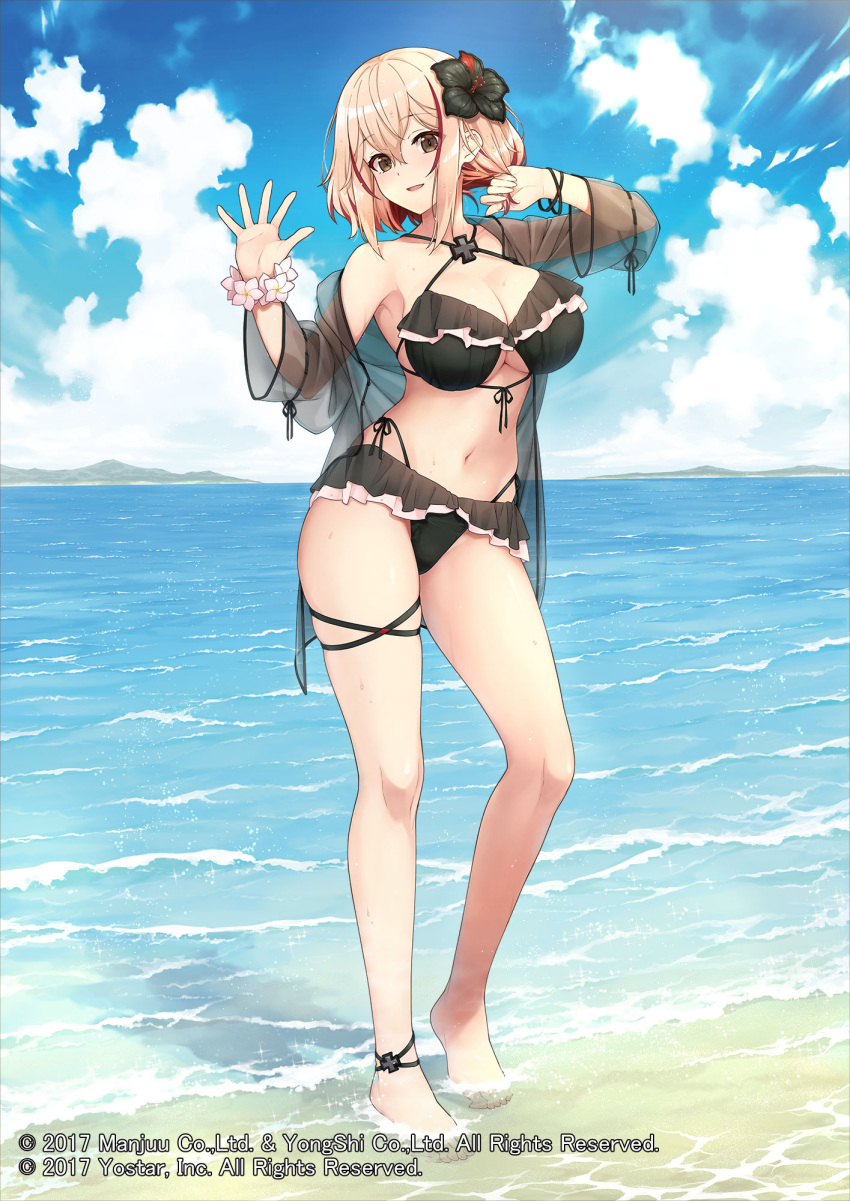 1girl alternate_costume azur_lane bikini bikini_skirt blonde_hair blue_sky blush breasts brown_eyes day flower frilled_bikini frills full_body hair_flower hair_ornament highleg highleg_bikini highres iron_blood_(emblem) large_breasts looking_at_viewer navel ocean official_art outdoors red_eyes roon_(azur_lane) saipaco sand scrunchie see-through short_hair sky swimsuit thigh_strap wrist_scrunchie