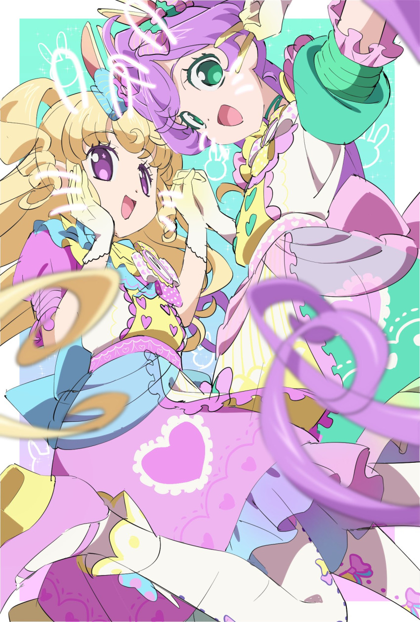 2girls :d animal_ears blonde_hair commentary_request drawn_ears drawn_whiskers dress edamame_(buruburu) fake_animal_ears frilled_dress frills gloves green_dress green_eyes hand_on_own_cheek hand_on_own_face hands_up highres holding_hands idol_time_pripara jumping long_hair looking_at_another looking_at_viewer manaka_lala multiple_girls open_mouth pink_dress pink_footwear pretty_(series) pripara purple_eyes rabbit_ears shoes smile two_side_up very_long_hair white_gloves yumekawa_yui