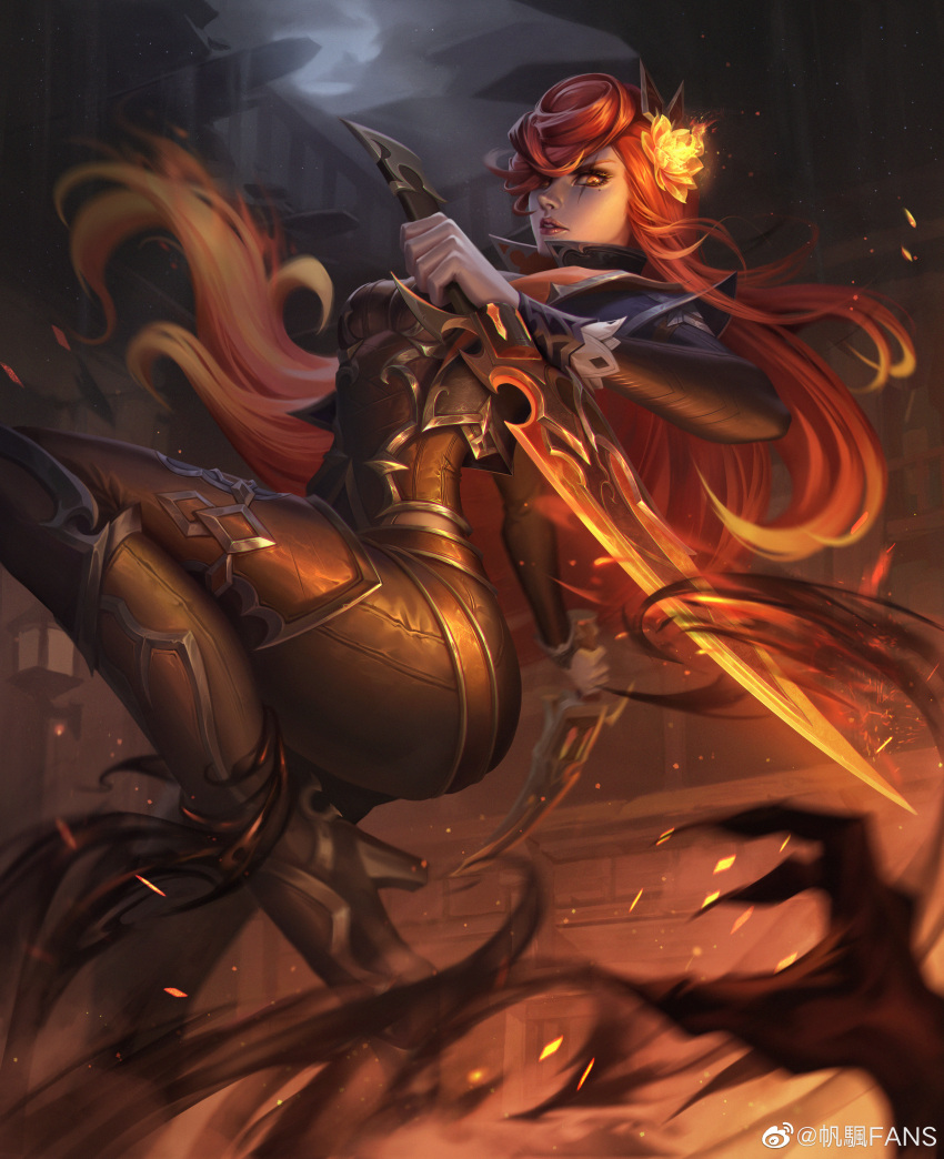 1girl 1other absurdres artist_request black_footwear boots dagger fire floating_hair flower fog full_body hair_flower hair_ornament high_heel_boots high_heels high_noon_katarina highres holding holding_dagger holding_knife holding_weapon katarina_(league_of_legends) knife league_of_legends long_hair looking_at_viewer mole mole_under_eye moon night night_sky official_alternate_costume official_alternate_hairstyle orange_hair outdoors parted_lips red_eyes serious sky solo solo_focus thighs weapon